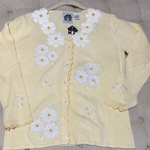 Storybook Knits Pale Yellow Daisy Appliqué Cardigan